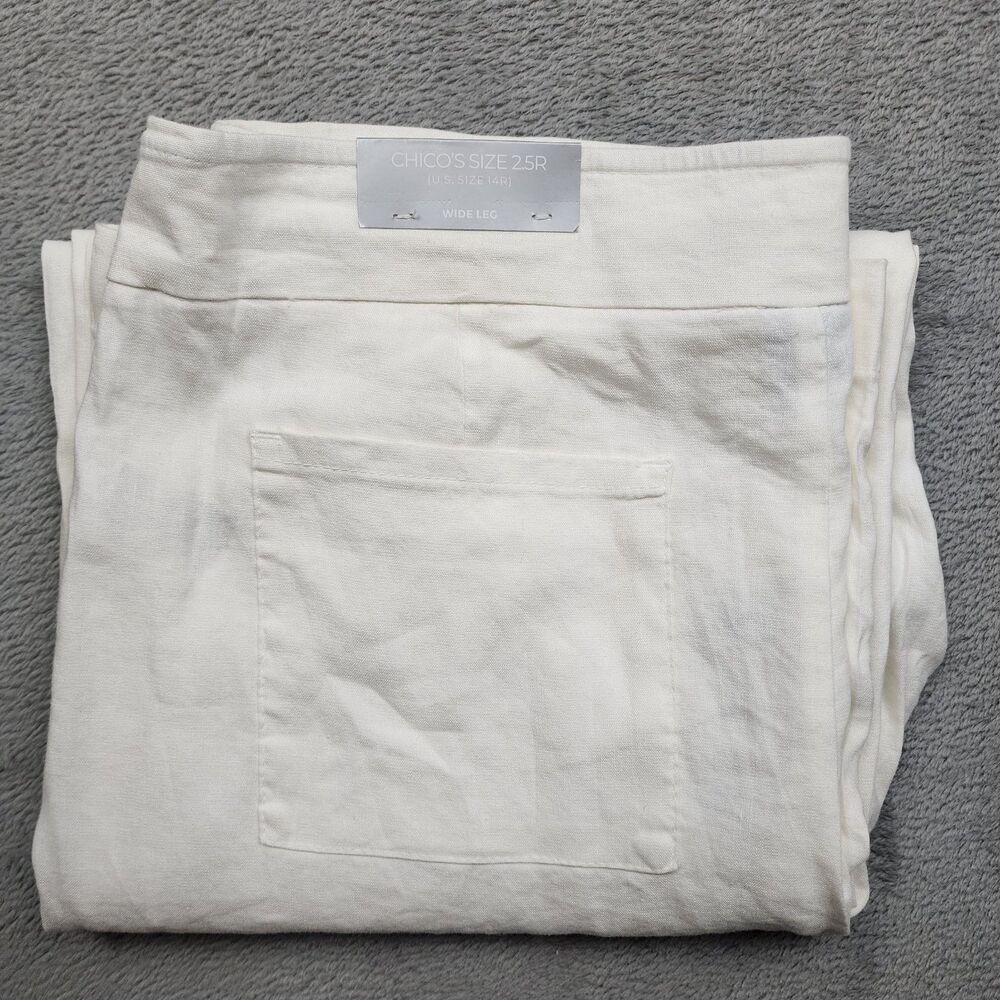 Chicos Womens 14R White Linen Blend Wide Leg Pants NWT Pull On Lightweight